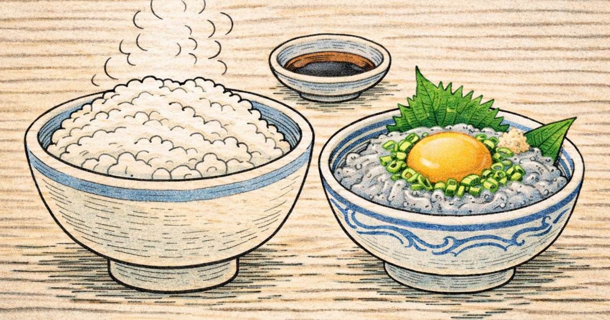 Cmonchan eating warm white rice with shirasu at the community center