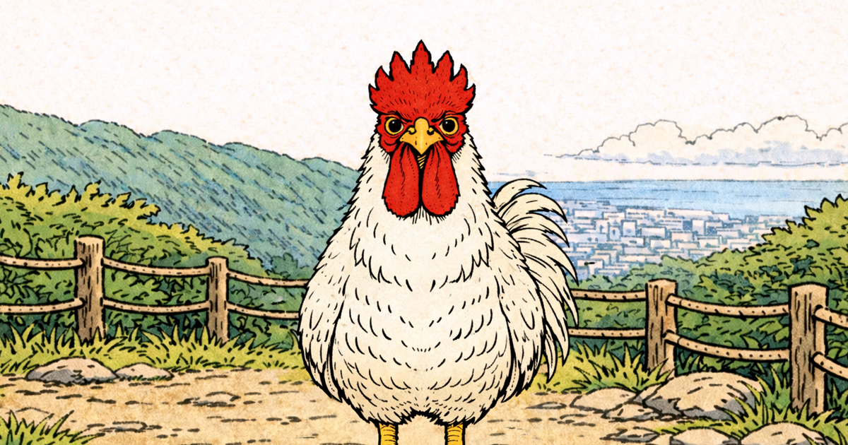 Cmonchan meets a roaming chicken at a hilltop rest stop