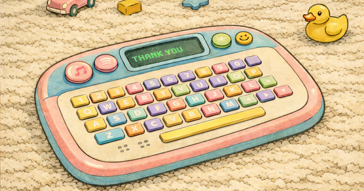 Cmonchan's typed 'thank you' glowing on a tiny electronic toy screen