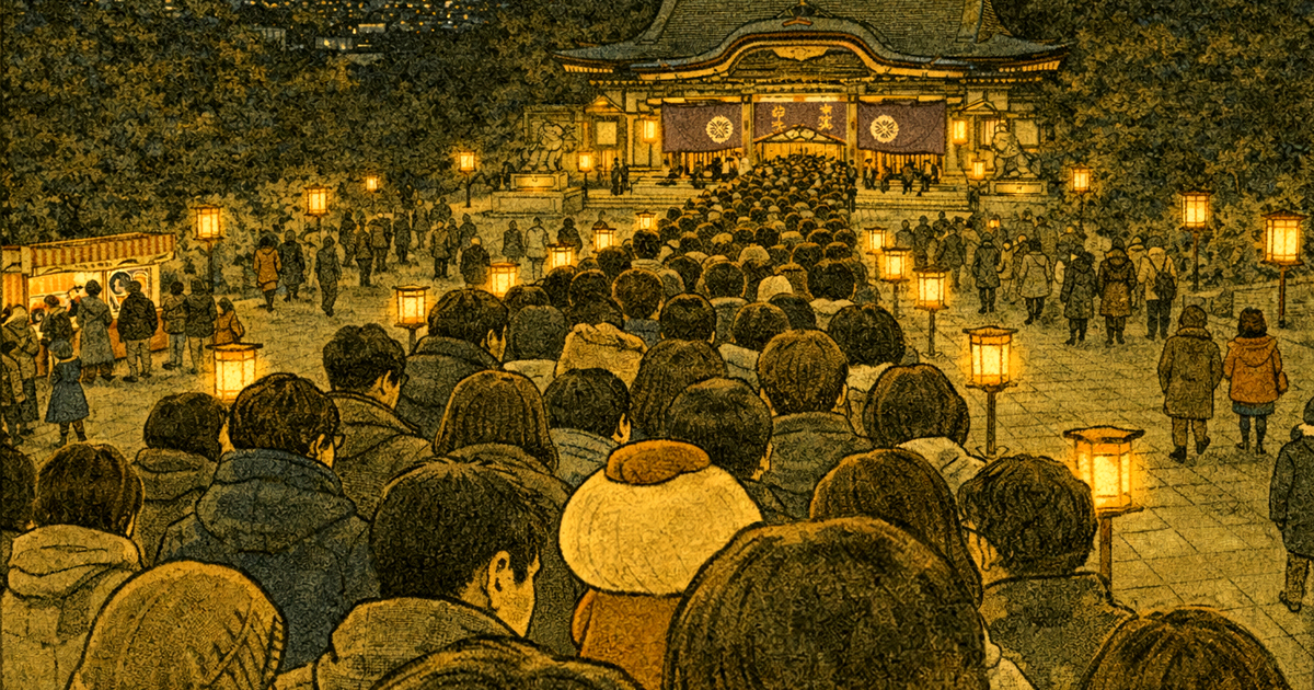 Cmonchan at a Japanese shrine on New Year's night, surrounded by crowds