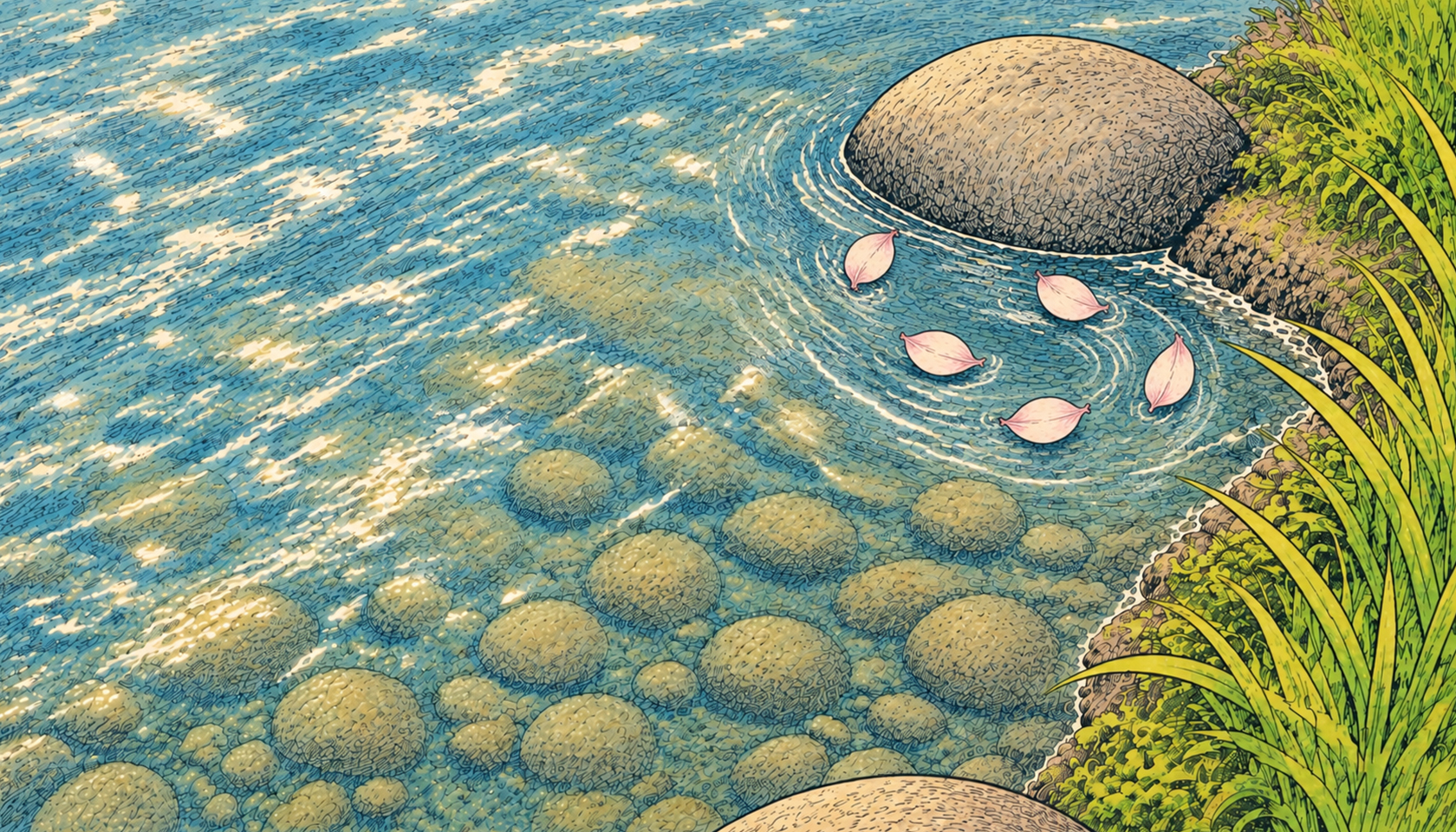 Sunlight glittering on the water, cherry blossom petals drifting by