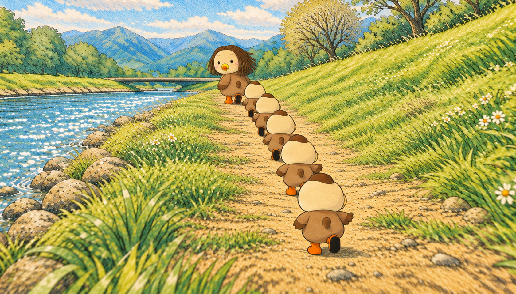 The ducklings walking in a line along the riverbank, momma leading the way