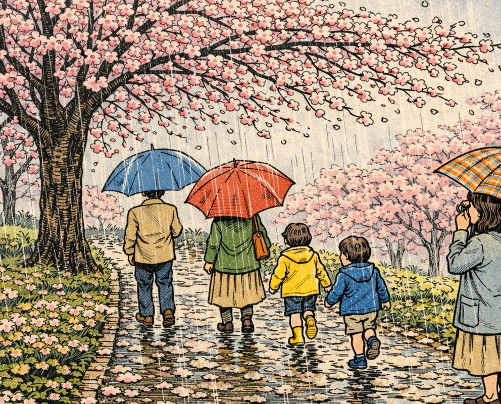 Cmonchan standing in the rain watching cherry blossoms in full bloom