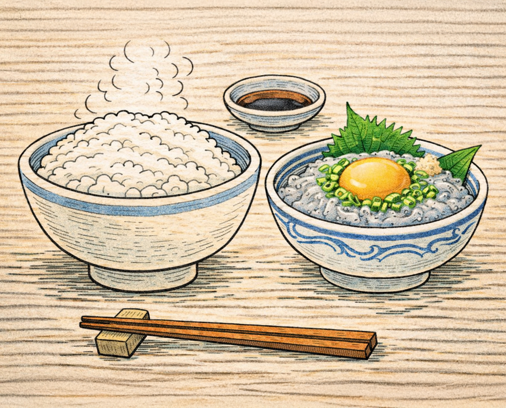 Cmonchan eating warm white rice with shirasu at the community center