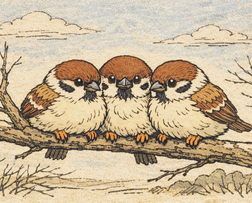 Cmonchan quietly watching sparrows gathered outside the window