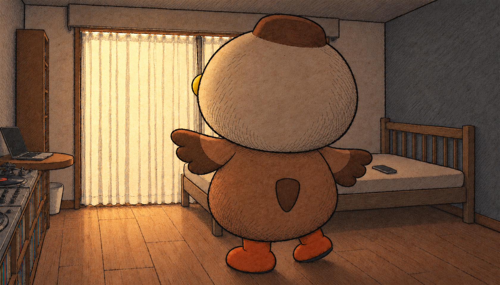 Cmonchan dancing alone in a bedroom, back turned, wings spread