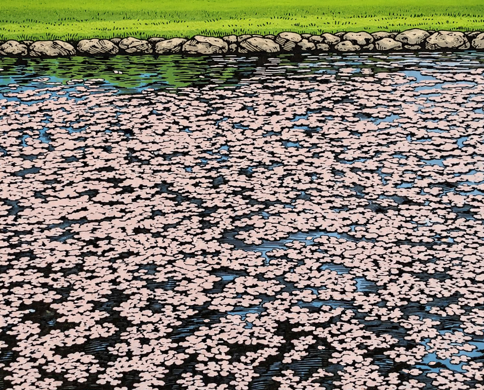 Cmonchan lying by the river watching cherry blossom petals drift on the current