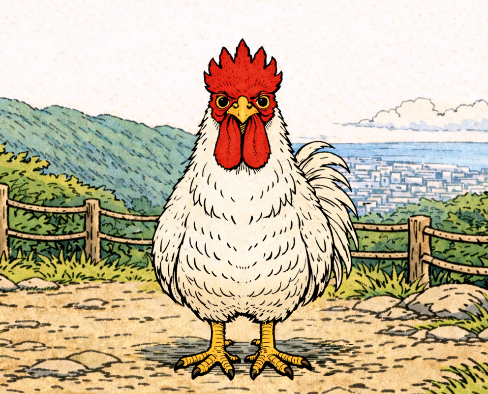 Cmonchan meets a roaming chicken at a hilltop rest stop