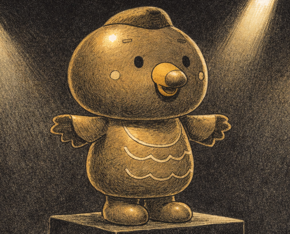 Cmonchan stands before a mirror and straightens up after seeing a bronze duck statue on the news