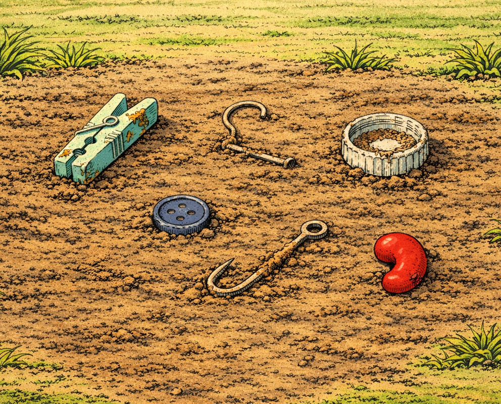 A duckling finds a smooth red stone in the mud by the lake