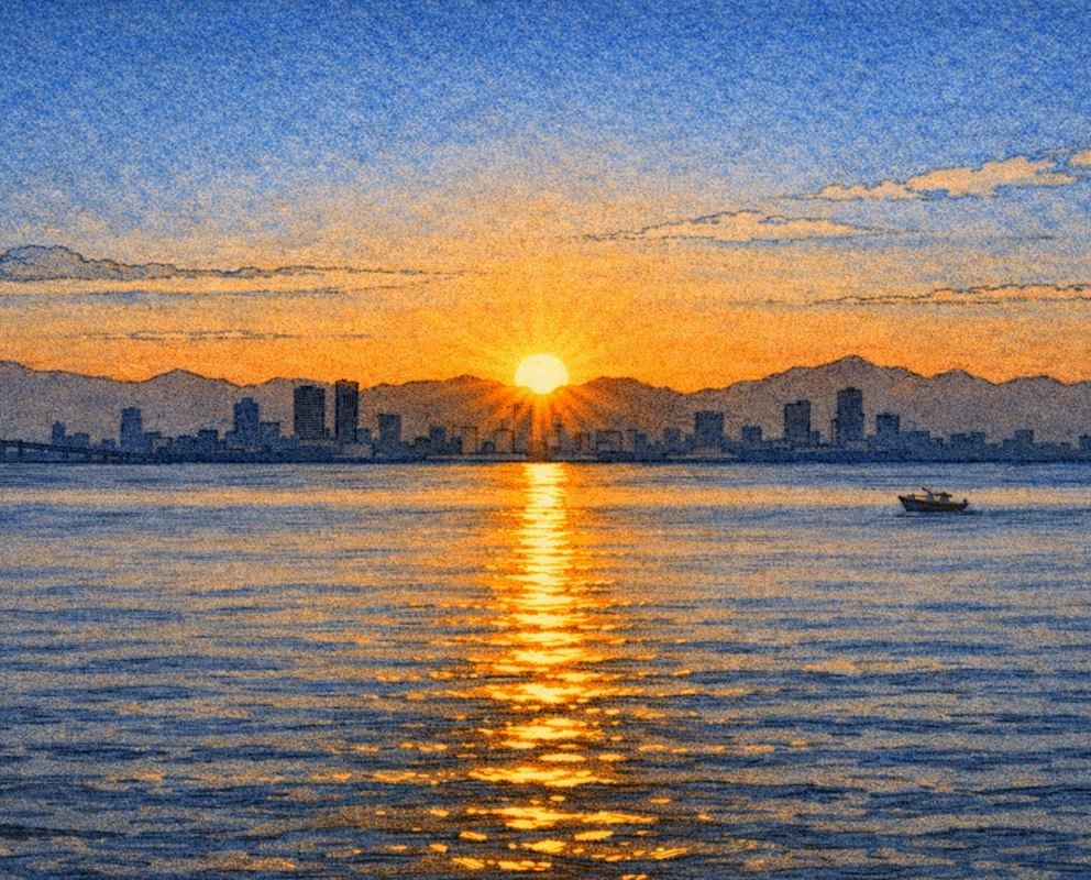 Cmonchan sits on the shore at night, watching the sunrise over the sea