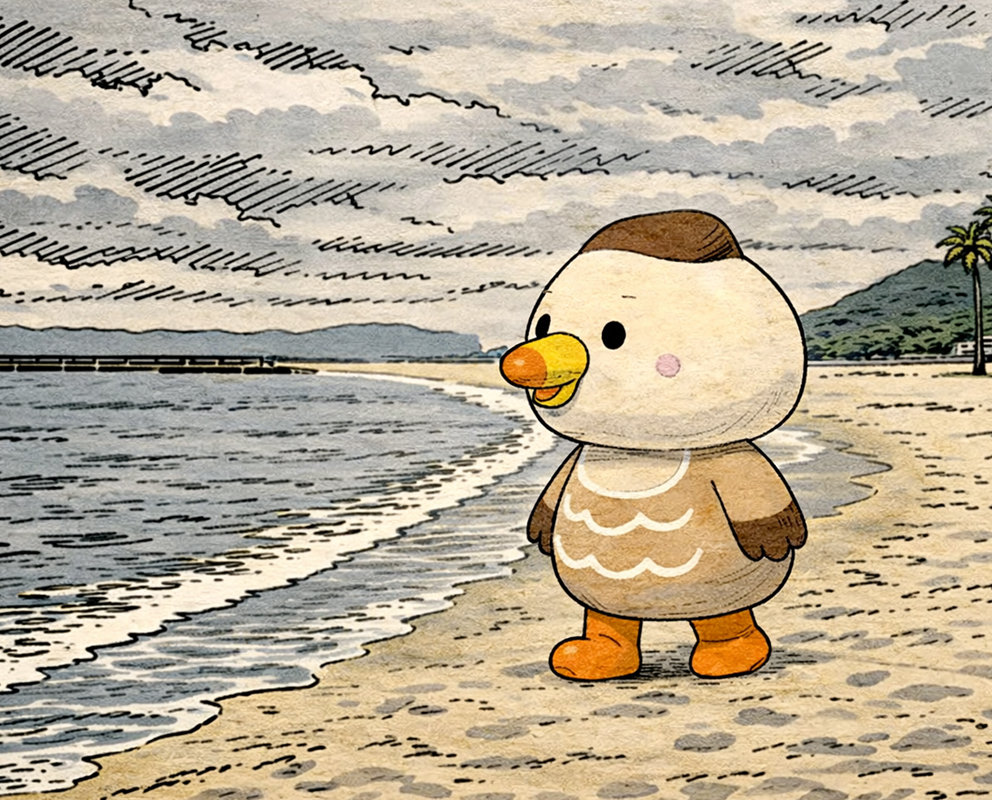 Cmonchan walking east along a coastline past factories and a harbor at sunset