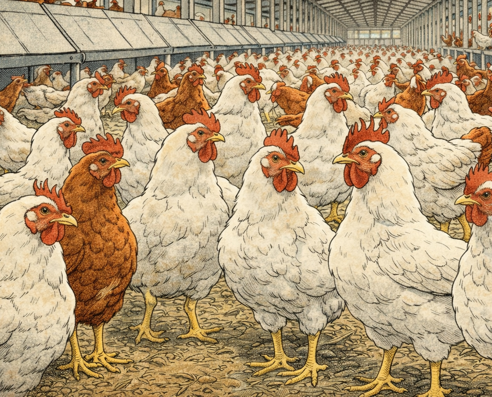 Cmonchan watches hundreds of chickens on a big screen and turns away