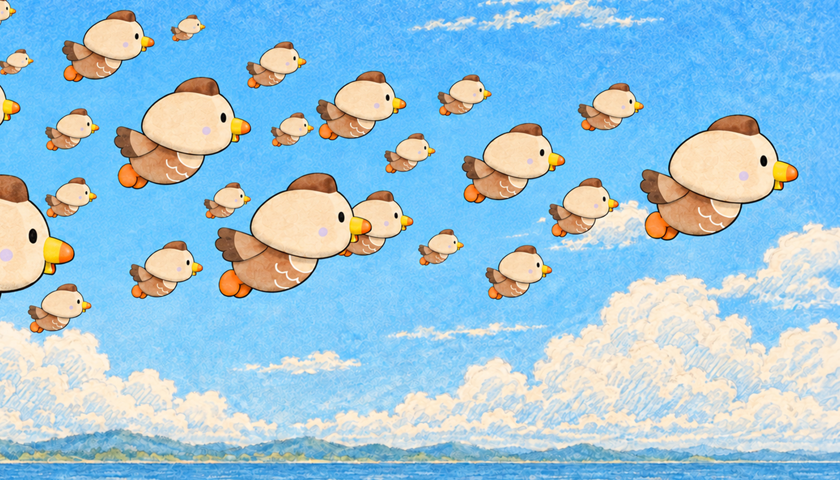 Cmonchan flying at the head of a vast flock of ducks across the sky