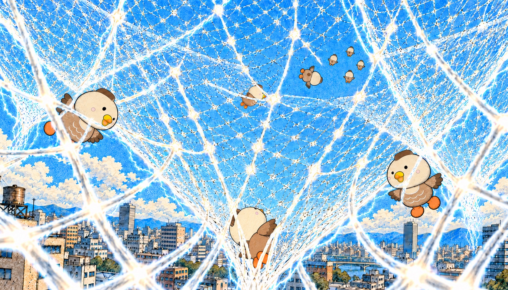 Ducks caught in a glowing web of electric signals above the city