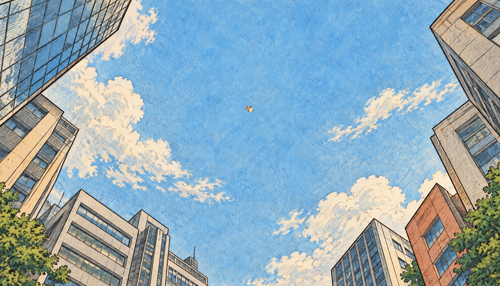 Looking up between city buildings at a lone duck tiny in the wide blue sky