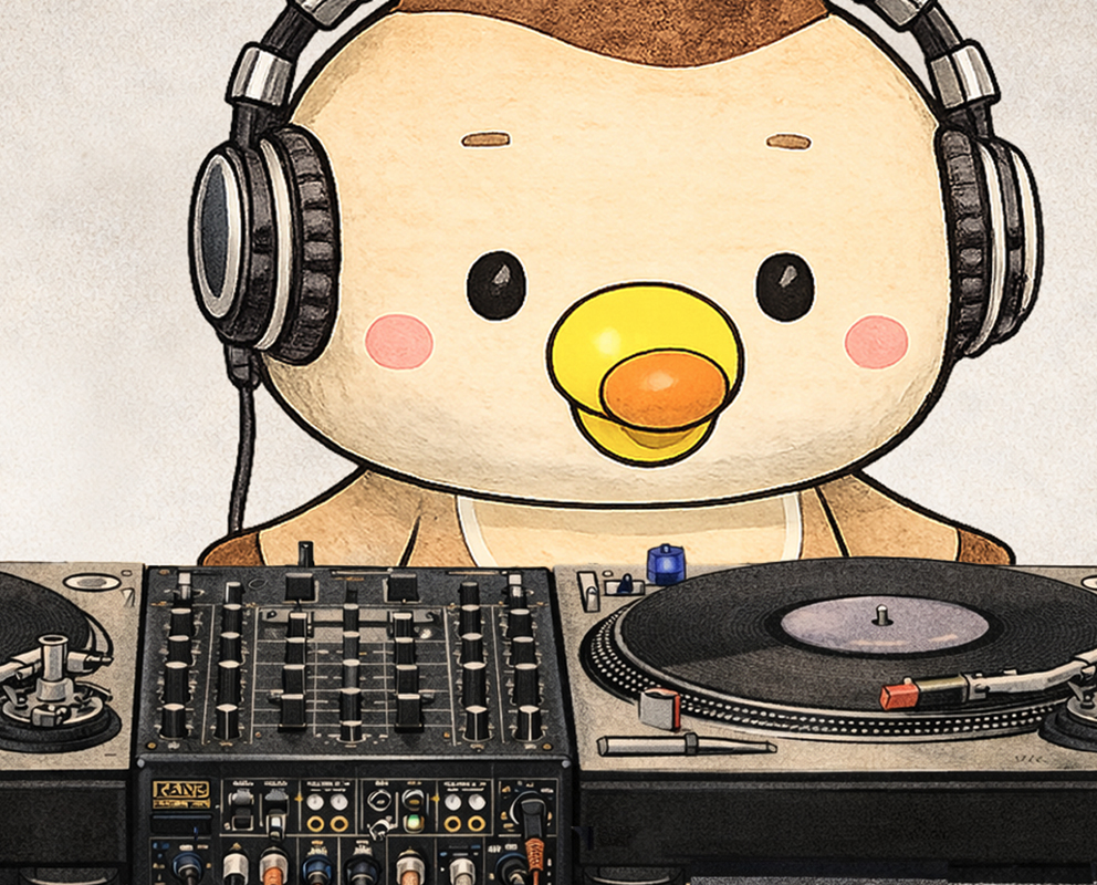 Cmonchan on the set with a vinyl and breakbeats