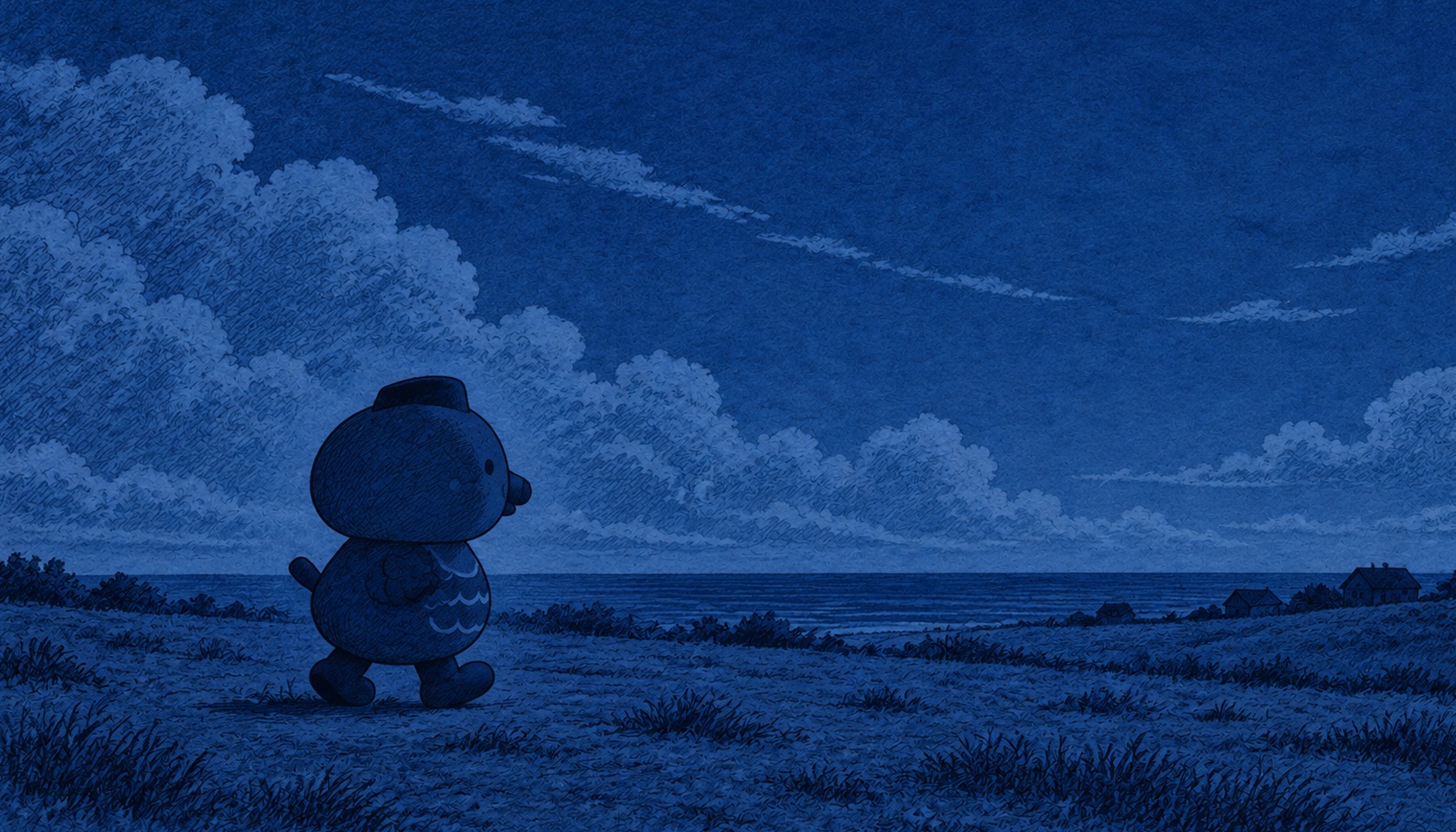 Cmonchan walking alone across a dark grassy hill toward the sea at night
