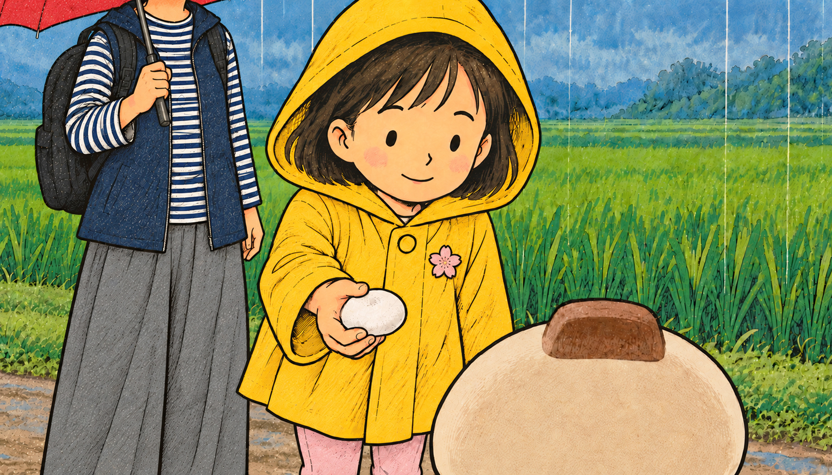 A girl in a yellow raincoat holding out a mochi to Cmonchan in the rain