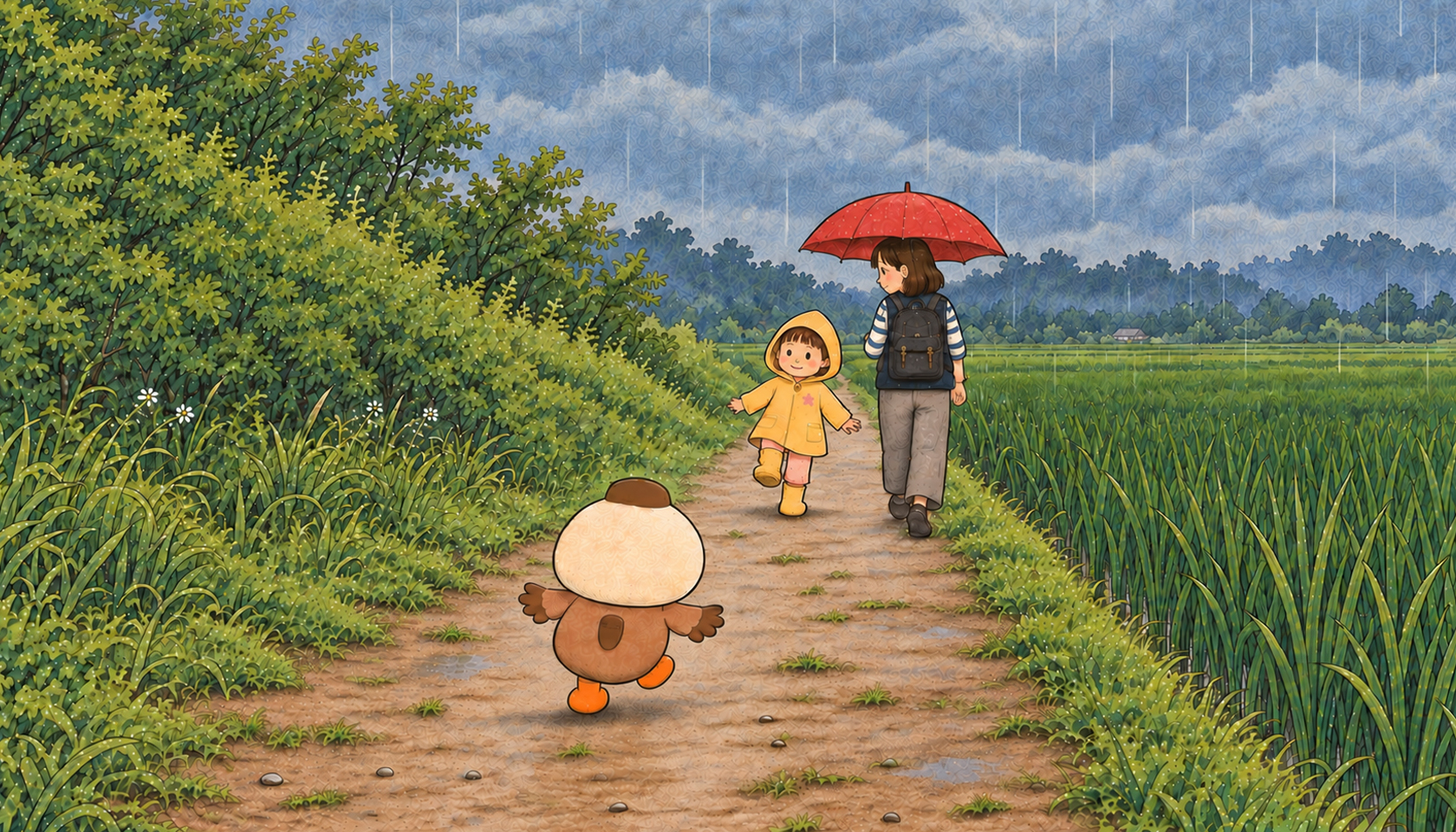 Cmonchan following the girl and her mom along a rainy path by the rice fields