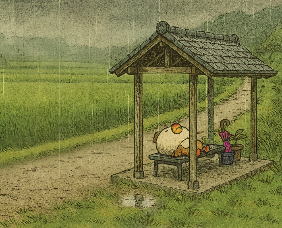 Cmonchan dozed off huddled beneath a shelter from the rain